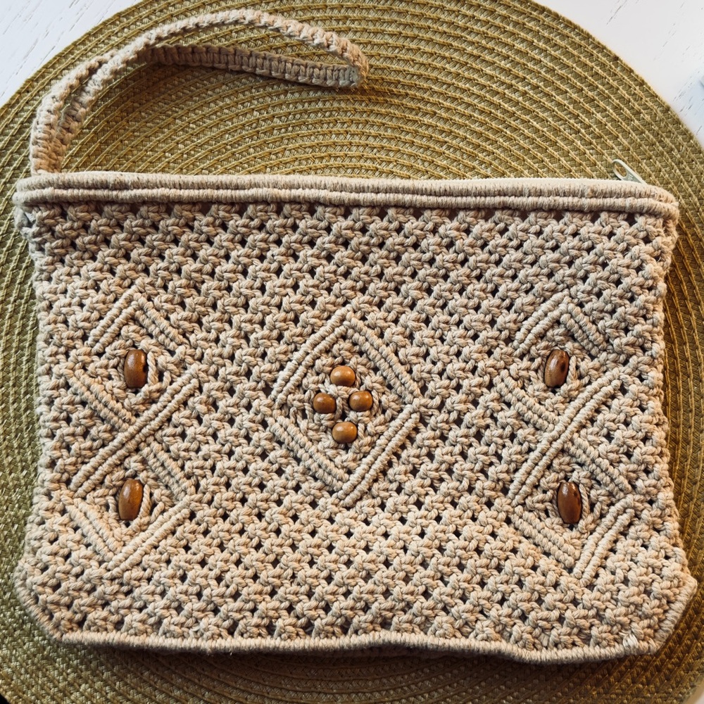 Crochet and Wooden Bead Lg. Clutch NWOT